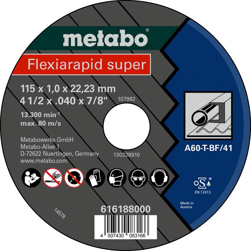 Metabo Flexiarapid Super TrennscheibeGröße 115 x 1,0 x 22,23 mmMax. 13.300/minA60-T-BF/41Sicherheitszeichen