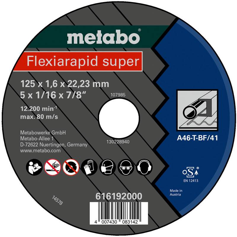 Metabo Flexiarapid Super Schneidscheibe, Größe 125 x 1,6 x 22,23 mm, max. 12.200 U/min und A46-T-BF/41 Spezifikation.