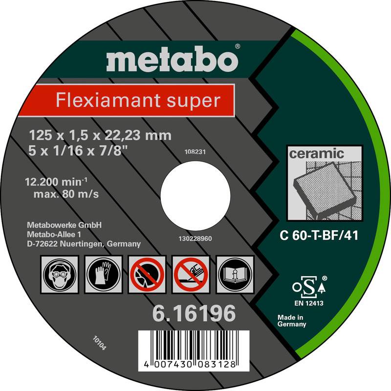 Etikett einer Metabo Flexiamant Super-Keramik-Trennscheibe mit den Abmessungen 125 x 1,5 x 22,23 mm, Drehzahl 12.200 min⁻¹ und Produktnummer 6.16196.