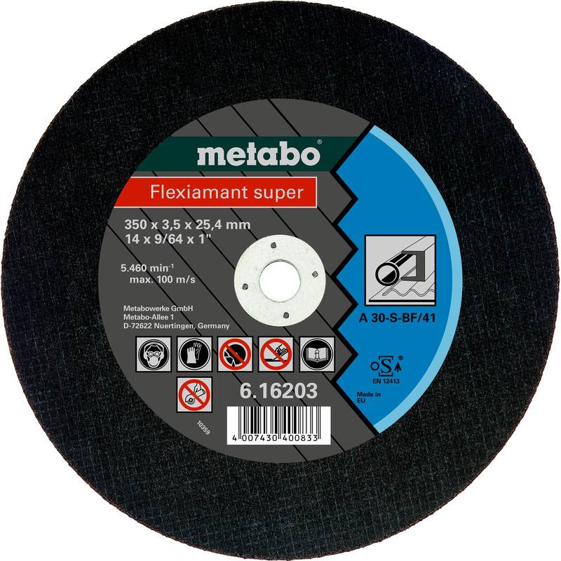 Nahaufnahme eines Etiketts einer Metabo Flexiamant Super-Schneidscheibe mit Größenangabe, Sicherheitssymbolen, Produktcode 6.16203 und Barcode.
