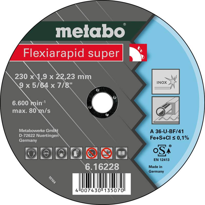 Kreisförmige Metabo Flexiarapid Super-Trennscheibe mit Etikett, das die Größe 230 x 1,9 x 22,23 mm, max. 6.600 U/min, für Edelstahl und Metall anzeigt.