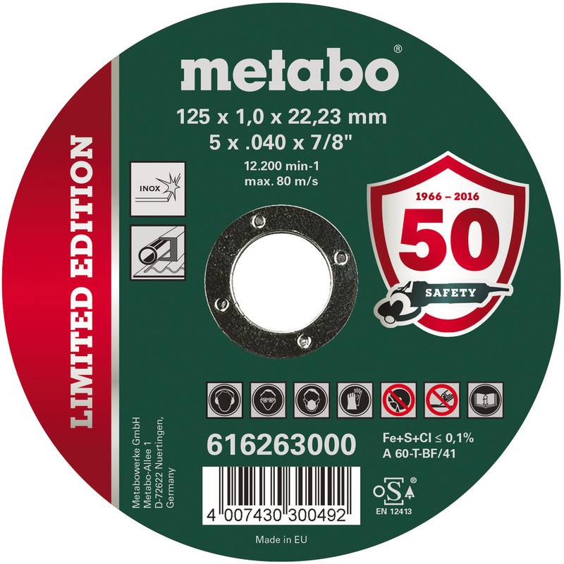 Metabo Sonderausgabe Schleifscheibe mit Etikett in der Größe 125 x 1,0 x 22,23 mm, 12.200 min-1, max. 80 m/s und einem 50 Sicherheitsemblem.