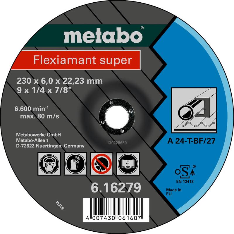 Metabo Flexiamant super Schleiftrennscheibe mit Etikett zeigt Größe 230 x 6,0 x 22,23 mm, max. 6.600 min⁻¹ und Barcode.