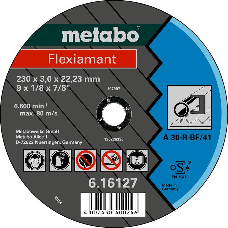 Metabo Flexiamant Schleifteller mit Etikett zeigt Größe 230 x 3,0 x 22,23 mm, max. 6.600 U/min und Sicherheitssymbole.