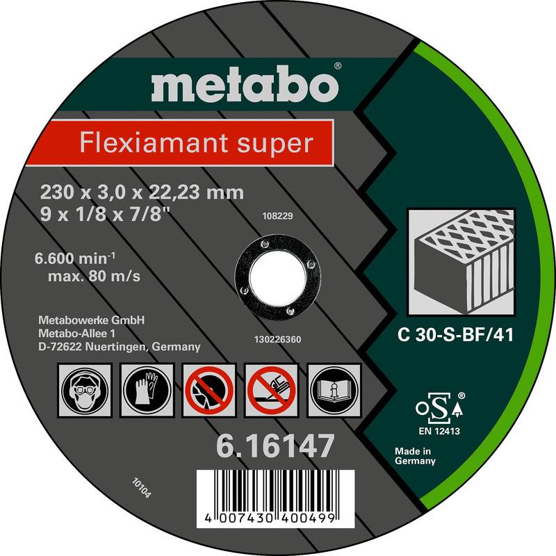 Metabo Flexiamant super Schleiftrennscheibe, Größe 230 x 3,0 x 22,23 mm, max. 80 m/s, Produktcode 6.16147 und Sicherheitssymbole.