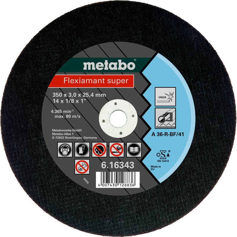 Metabo Flexiamant super Schleiftrennscheibe, gekennzeichnet mit 350 x 3,0 x 25,4 mm für Edelstahl und Metall, mit Produktcode 6.16343.