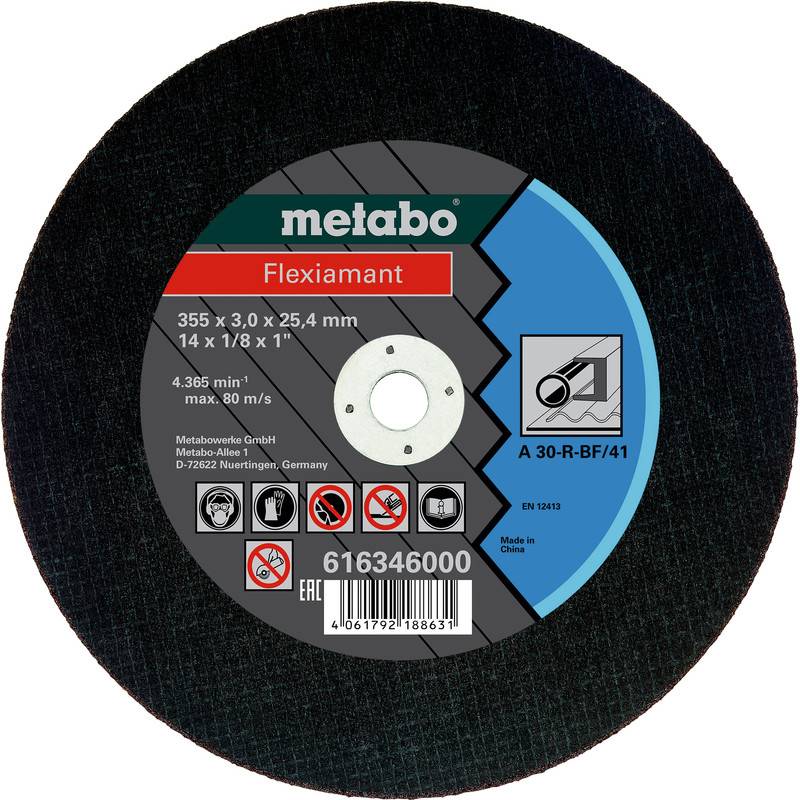 Metabo Flexiamant Trennscheibe mit Kennzeichnung Größe 355 x 3,0 x 25,4 mm, Modell A 30-R-BF/41, mit Sicherheitssymbolen und Strichcode.