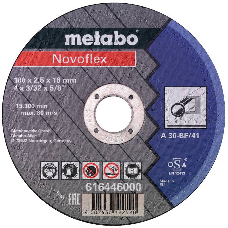 Metabo Novoflex Schleiftrennscheibe, 100 x 2,5 x 16 mm, mit Produktnummer 616446000 und Sicherheitssymbolen.