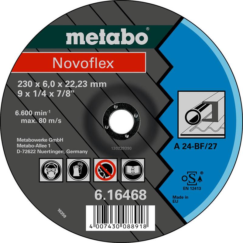 Metabo Novoflex Schleiftrennscheibe mit Etikett, Größe 230 x 6,0 x 22,23 mm, max. 80 m/s, Produktnummer 6.16468, mit Sicherheitszeichen und Strichcode.