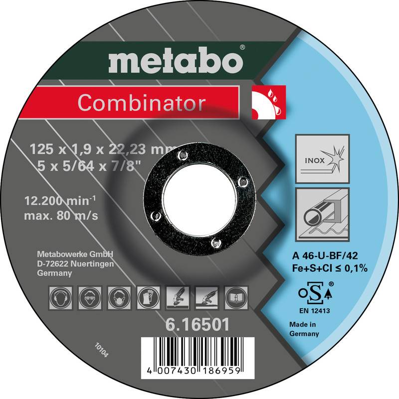 Rundes Metabo Combinator-Trennscheiben-Etikett mit Größenangabe 125 x 1,9 x 22,23 mm, max 12.200 U/min, für Edelstahl.