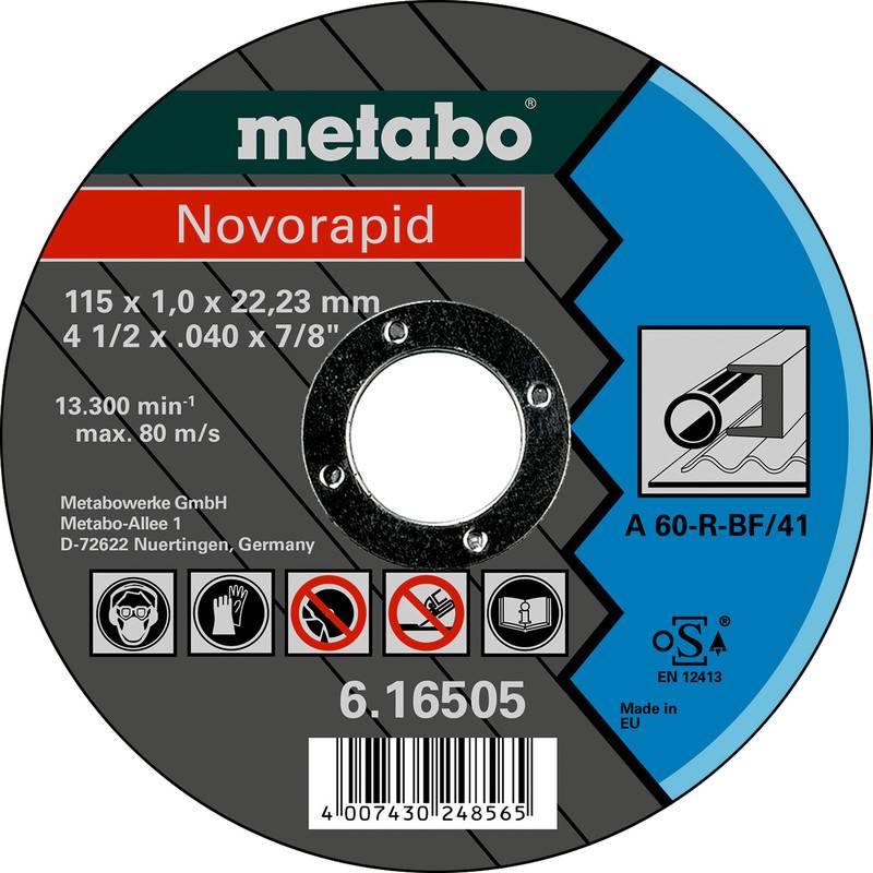 Etikett für Metabo Novorapid Schleiftrennscheibe, 115 x 1,0 x 22,23 mm, max. 13.300 U/min, mit Barcode und Sicherheitssymbolen.