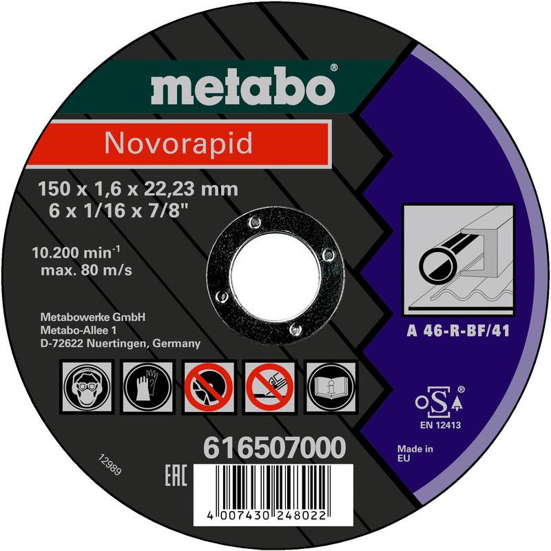 Metabo Novorapid Trennscheibe mit Etikett in der Größe 150 x 1,6 x 22,23 mm, maximale Drehzahl 10.200 U/min und Produktcode 616507000.