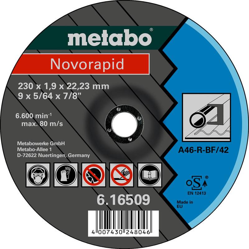 Metabo Novorapid Trennscheibe mit Kennzeichnung und Größe 230 x 1,9 x 22,23 mm, max. 80 m/s, Produktcode 6.16509 und Barcode.