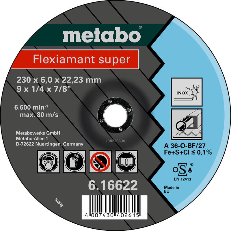 Metabo Flexiamant super Schleiftrennscheibe mit Angaben zu Größe, Drehzahlbezeichnung, INOX-Verwendung, Sicherheitssymbolen und Barcode.