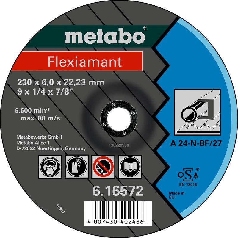 Metabo Flexiamant Trennscheibe Etikett mit Größe 230 x 6,0 x 22,23 mm, max 80 m/s, Modell A 24-N-BF/27, mit Barcode und Sicherheitsicons.