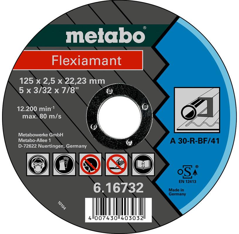 Metabo Flexiamant Schleiftrennscheibe mit Etikett in der Größe 125 x 2,5 x 22,23 mm, max. 12.200 min-1, A 30-R-BF/41, mit Produktcode 6.16732.