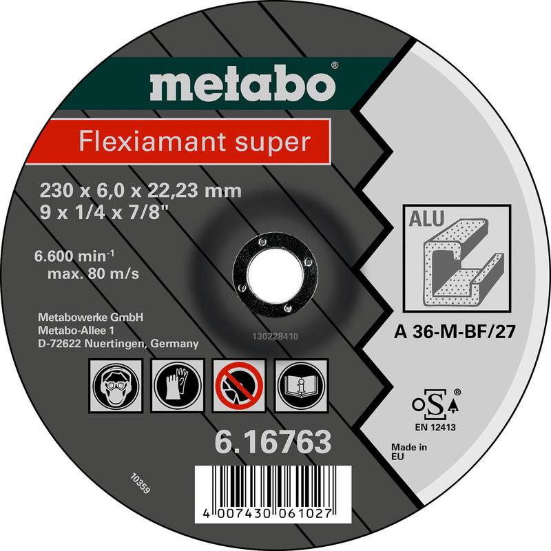 Metabo Flexiamant Super Schleiftrennscheibe für Aluminium, Größe 230 x 6,0 x 22,23 mm, max. 80 m/s, und Produktnummer 6.16763.