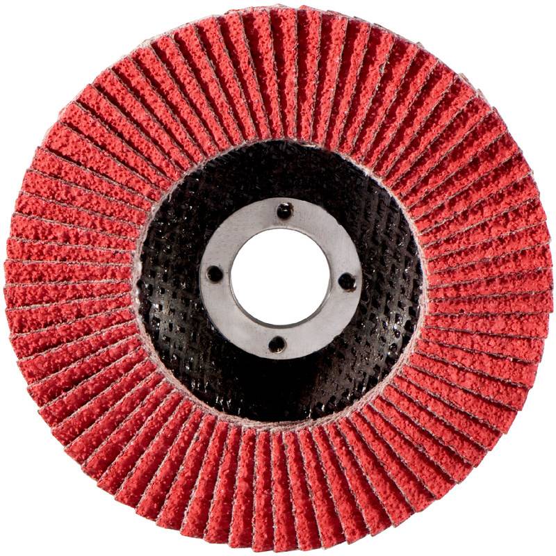 Rote Schleiffächerscheibe für Winkelschleifen, Vorderansicht mit Metallmittelplatte und kreisförmigem Loch.