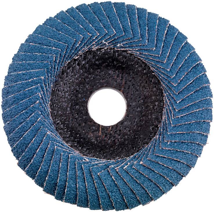 Blaue Schleiffächerscheibe mit schwarzem Mittenloch auf weißem Hintergrund dargestellt.