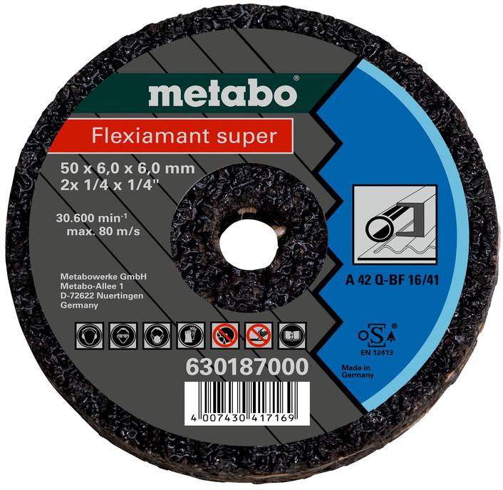 Metabo Flexiamant super Trennscheibe Etikett für 50 x 6,0 x 6,0 mm; zeigt Produktspezifikationen, Sicherheitssymbole und Strichcode.