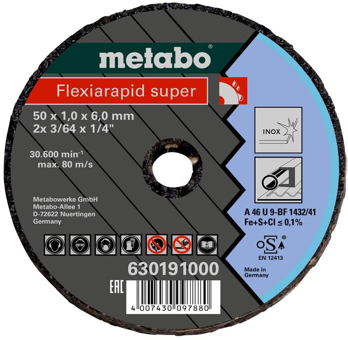 Metabo Flexiarapid Super-Schneidscheibe mit Angaben zur Größe 50 x 1,0 x 6,0 mm, maximale Drehzahl 30.600 U/min und Symbolen für die Verwendung bei Edelstahl/Stahl.