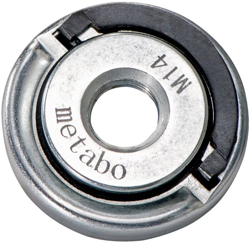 Nahaufnahme einer Metabo M14-Metallschleifscheiben-Flanschmutter mit zentralem Loch auf weißem Hintergrund.