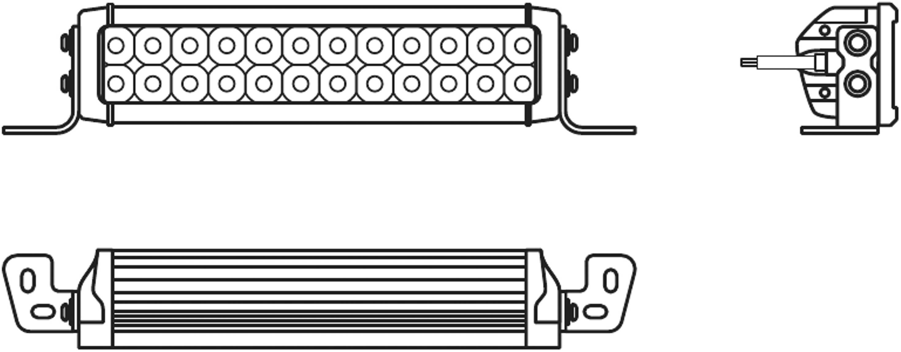 Technische Zeichnung einer LED-Leiste mit Halterungen, Vorder- und Seitenansicht, zeigt kreisförmige LED-Anordnung und Anschlussdetails.