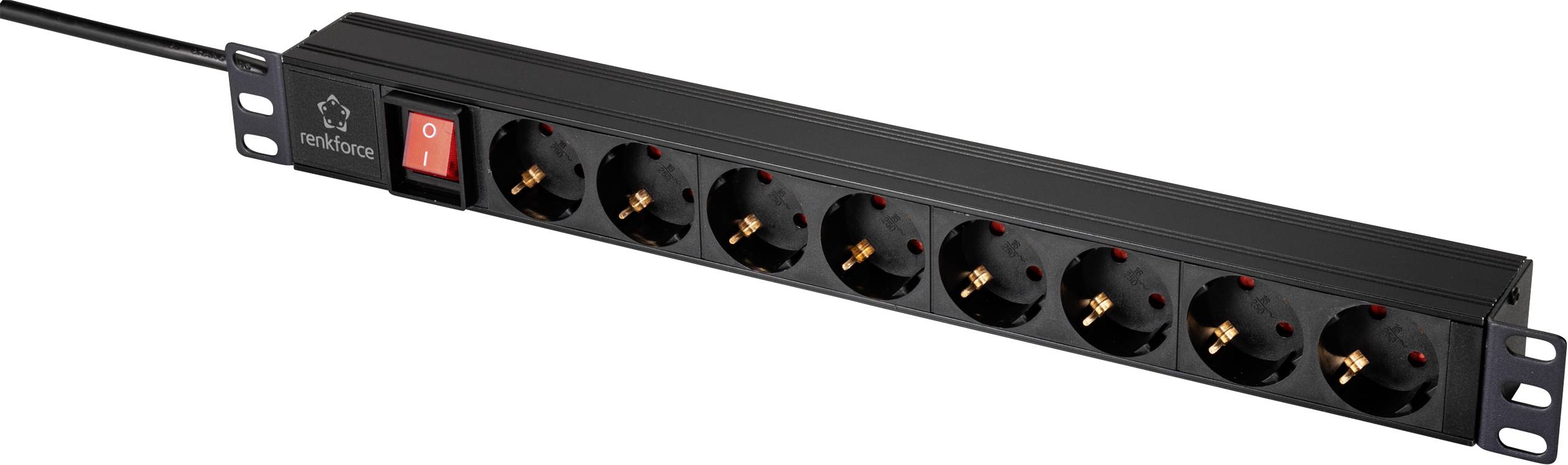 Schwarze Steckdosenleiste mit acht Anschlüssen und rotem Ein-/Ausschalter, an Kabel befestigt. Geeignet für elektronische Geräte.