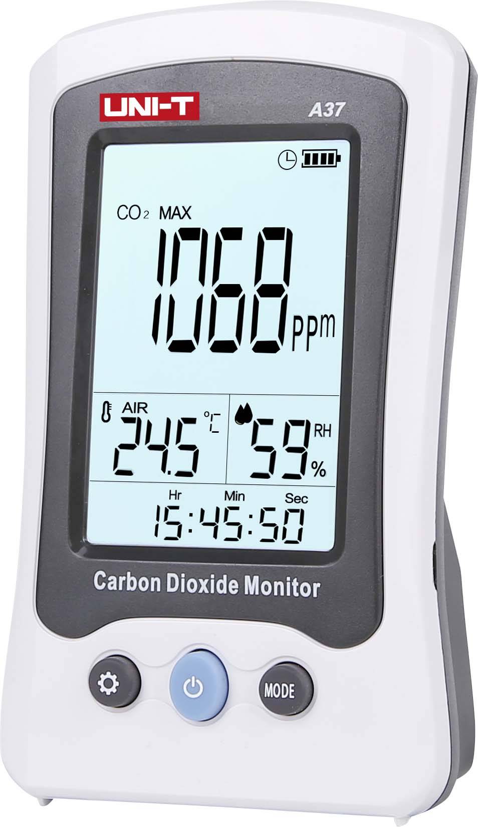 Ein CO2-Monitor zeigt 1068 ppm CO2, 24,5 °C Temperatur und 59 % Luftfeuchtigkeit. Uhrzeit: 15:45:50.