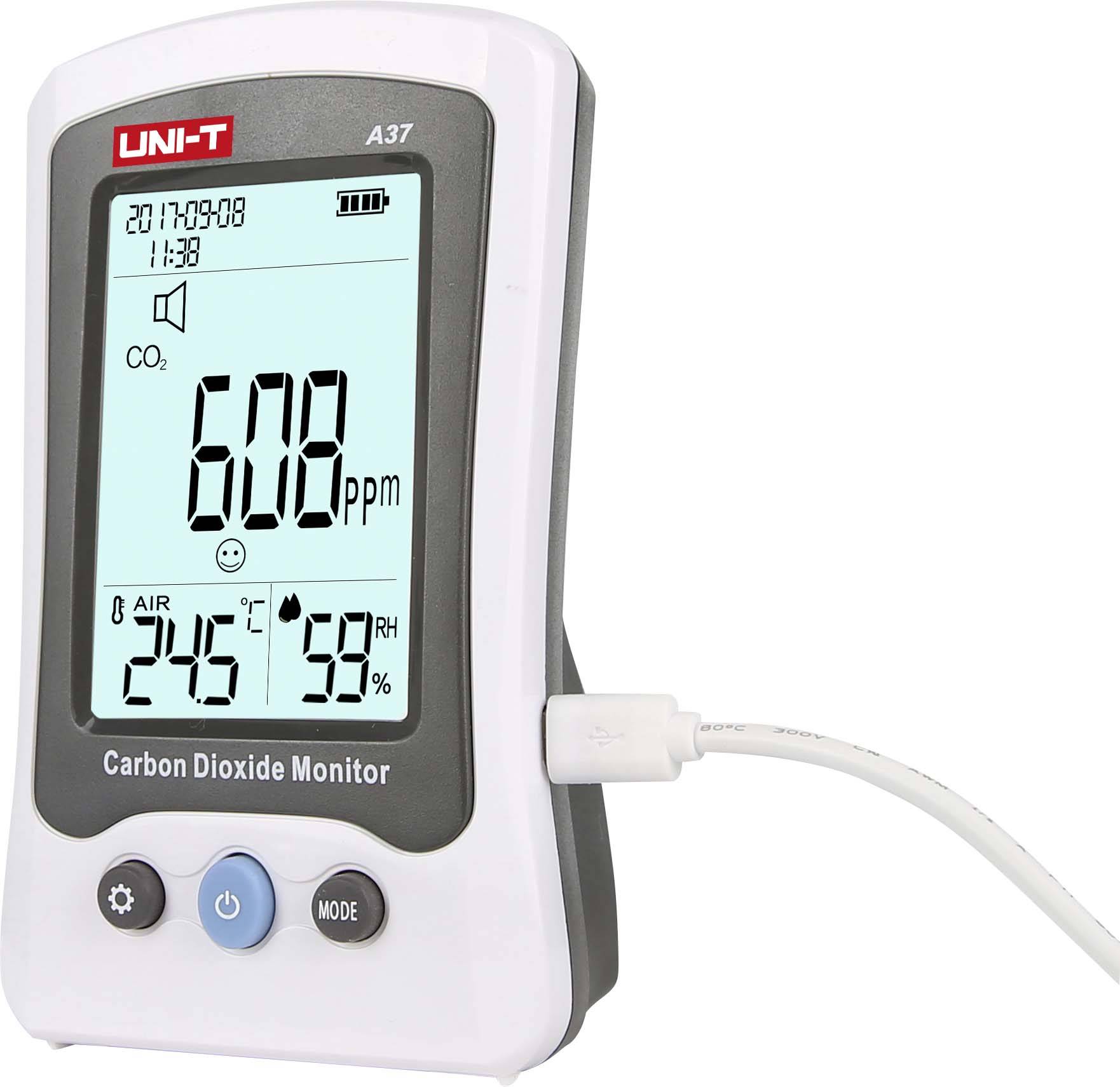 Ein CO2-Monitor zeigt '608 ppm' CO2-Level, Temperatur '24,6°C', und Luftfeuchtigkeit '59%'. Hintergrundbeleuchtetes Display mit Anschlusskabel.