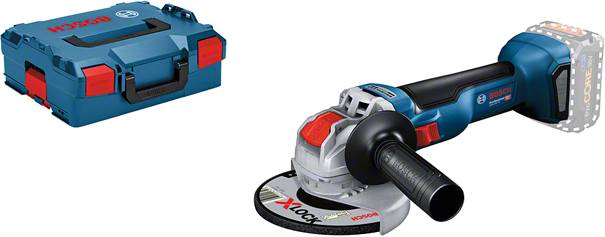 Akkuschleifer mit X-LOCK von Bosch und Tragekoffer. Die Maschine ist kabellos mit einem ergonomischen Griff und schnelle werkzeuglose Scheibenwechsel. Ideal für Metall- und Holzarbeiten.