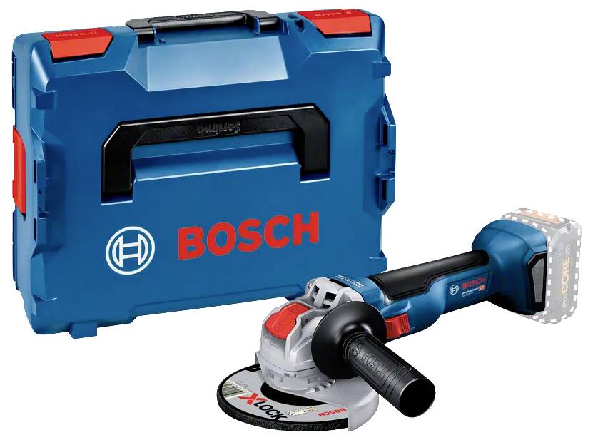 Akku-Bosch-Winkelschleifer mit Transportkoffer, von einem Winkel aus gezeigt, der seine Scheibe und den Griff präsentiert. Der Markenname 'BOSCH' ist sichtbar.
