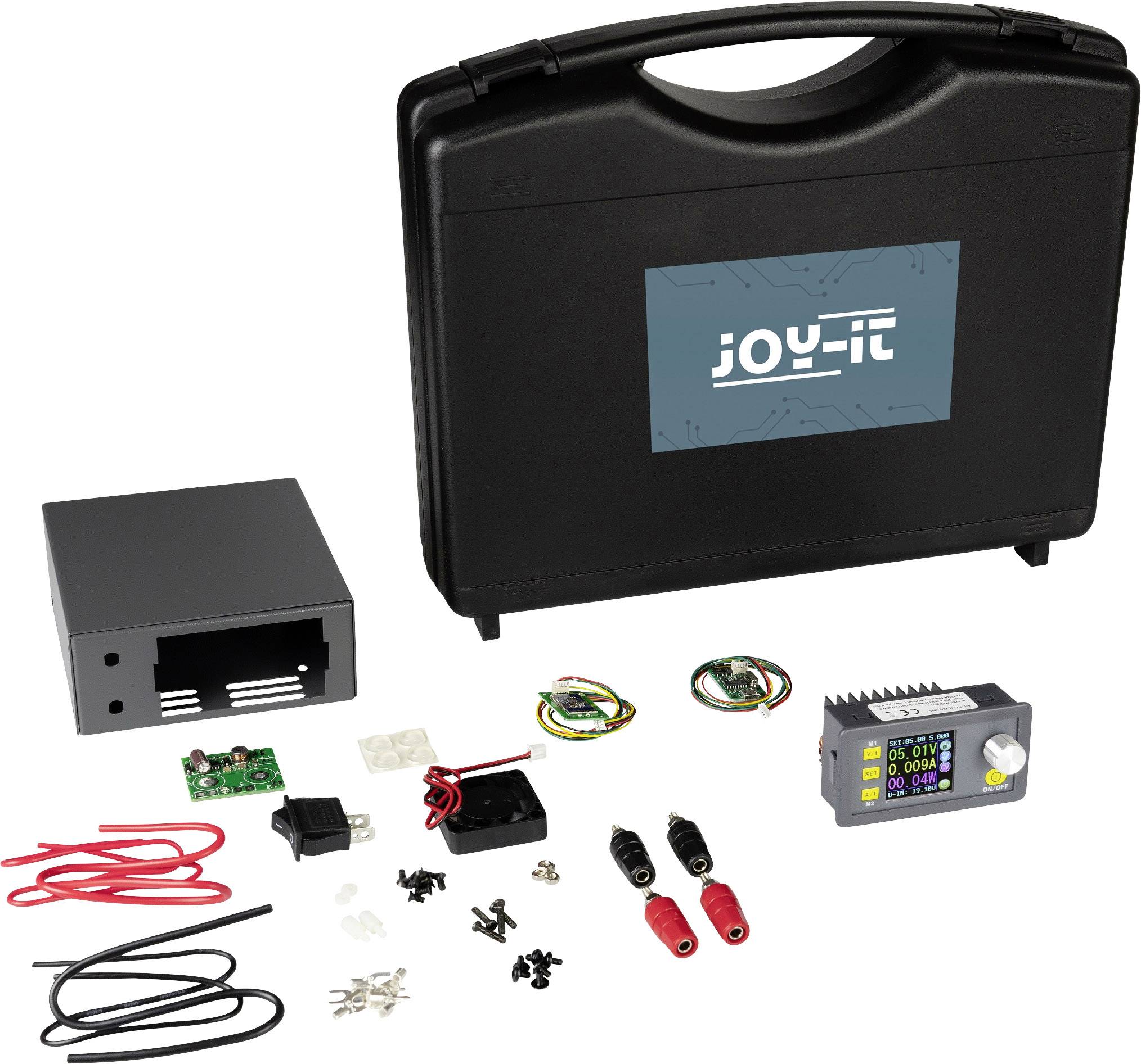 Schwarzer Koffer mit 'Joy-IT' Logo, enthält elektronische Bauteile wie Gehäuse, Kabel, Schalter und ein digitales Displaygerät.