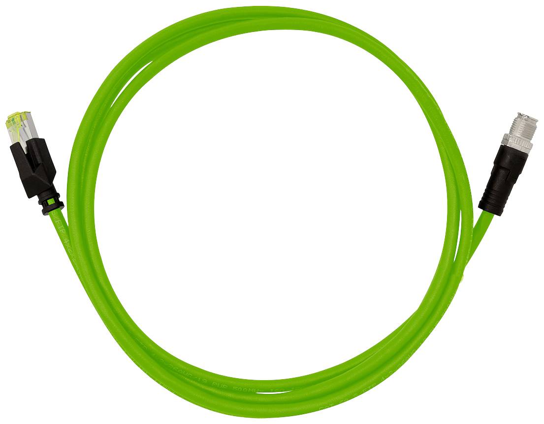 Grünes Ethernet-Kabel in kreisförmiger Form mit RJ45-Stecker links und M12-Stecker rechts, geeignet für industrielle Anwendungen.