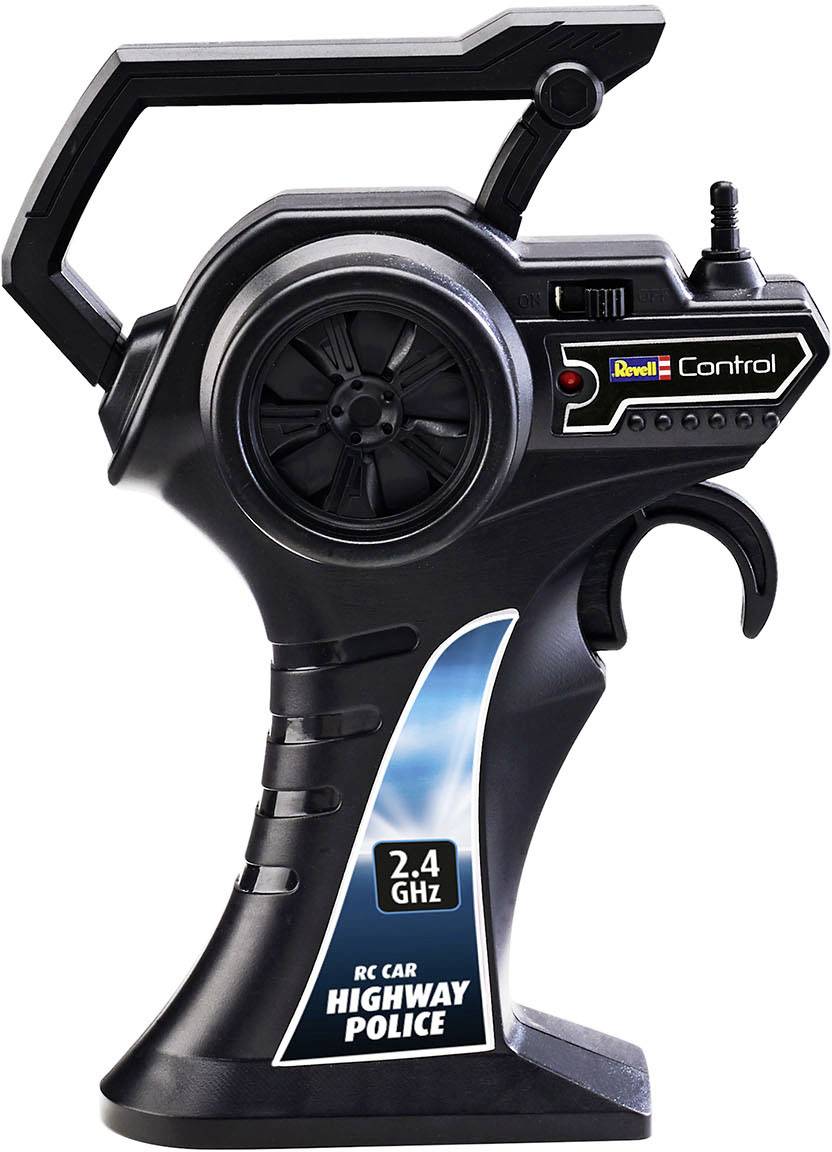 Schwarze RC-Fernsteuerung mit Griff, Antenne und Beschriftung 'RC Car Highway Police', Frequenz 2.4 GHz, Marke Revell Control.