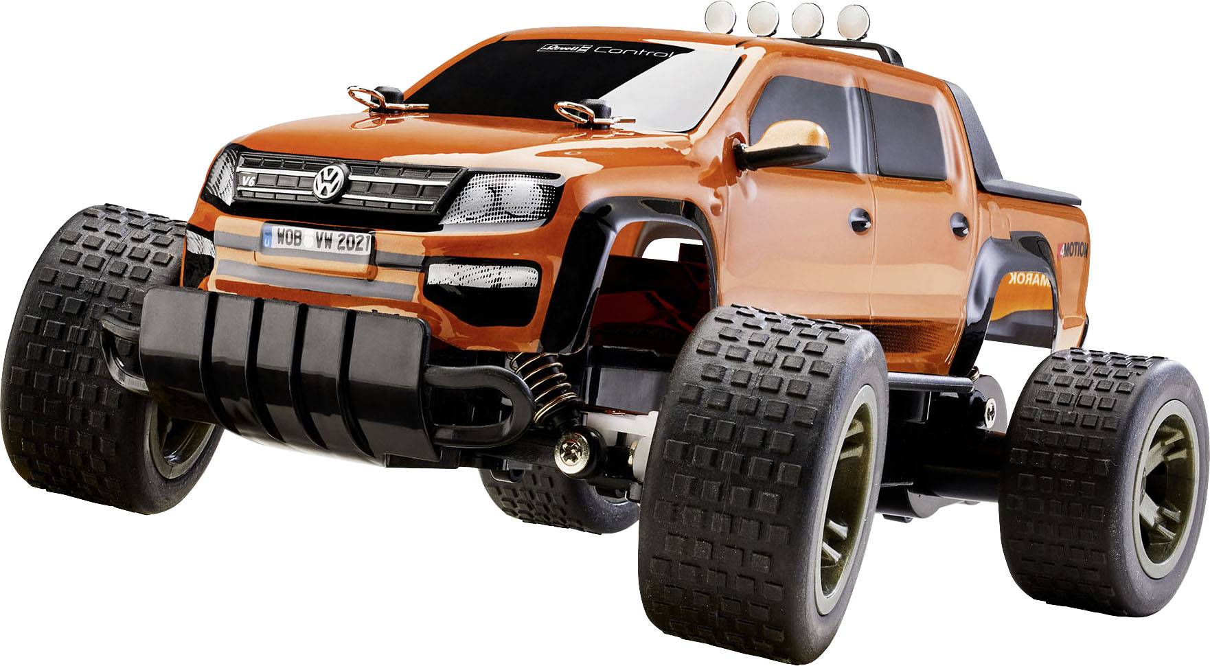 Ein orangefarbenes Spielzeugauto im Offroad-Stil mit großen Reifen und einem detailreichen Design.