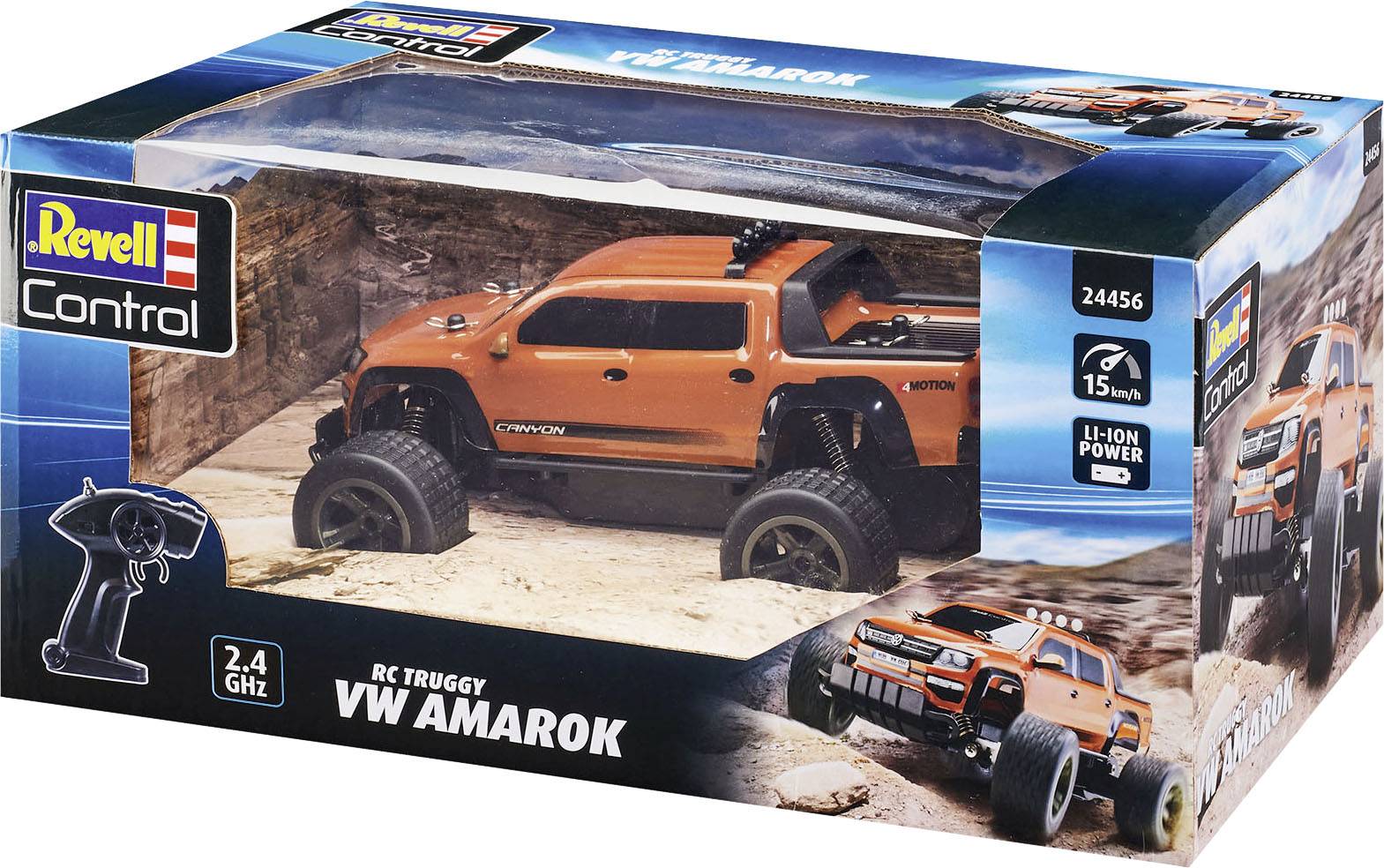 RC-Truck im Maßstab 1:14 von Revell Control. Zeigt den VW Amarok in orange auf felsigem Terrain, Verpackung betont Fernsteuerung und Li-Ionen-Akku.