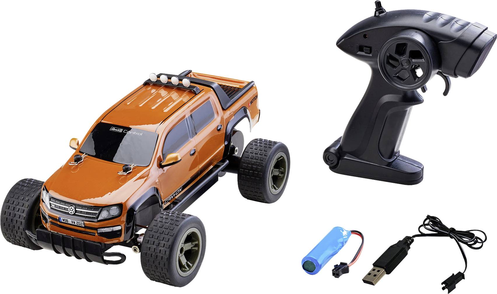 Orangefarbenes ferngesteuertes Auto im Monstertruck-Stil mit Funksteuerung, Batterien und USB-Ladekabel.