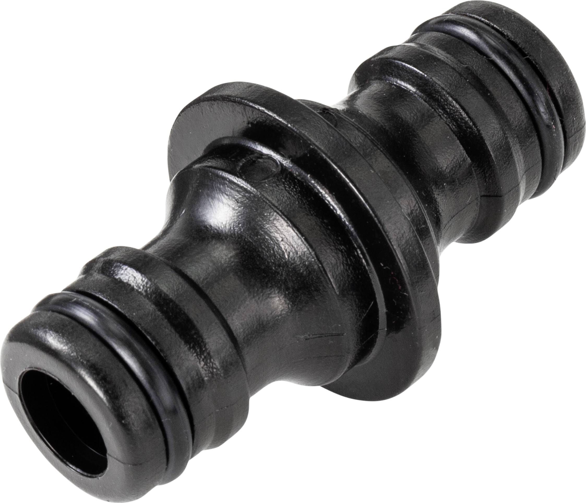 Schwarzer Plastik-Gartenschlauchadapter mit zwei Enden, die zum Verbinden von Schläuchen dienen.