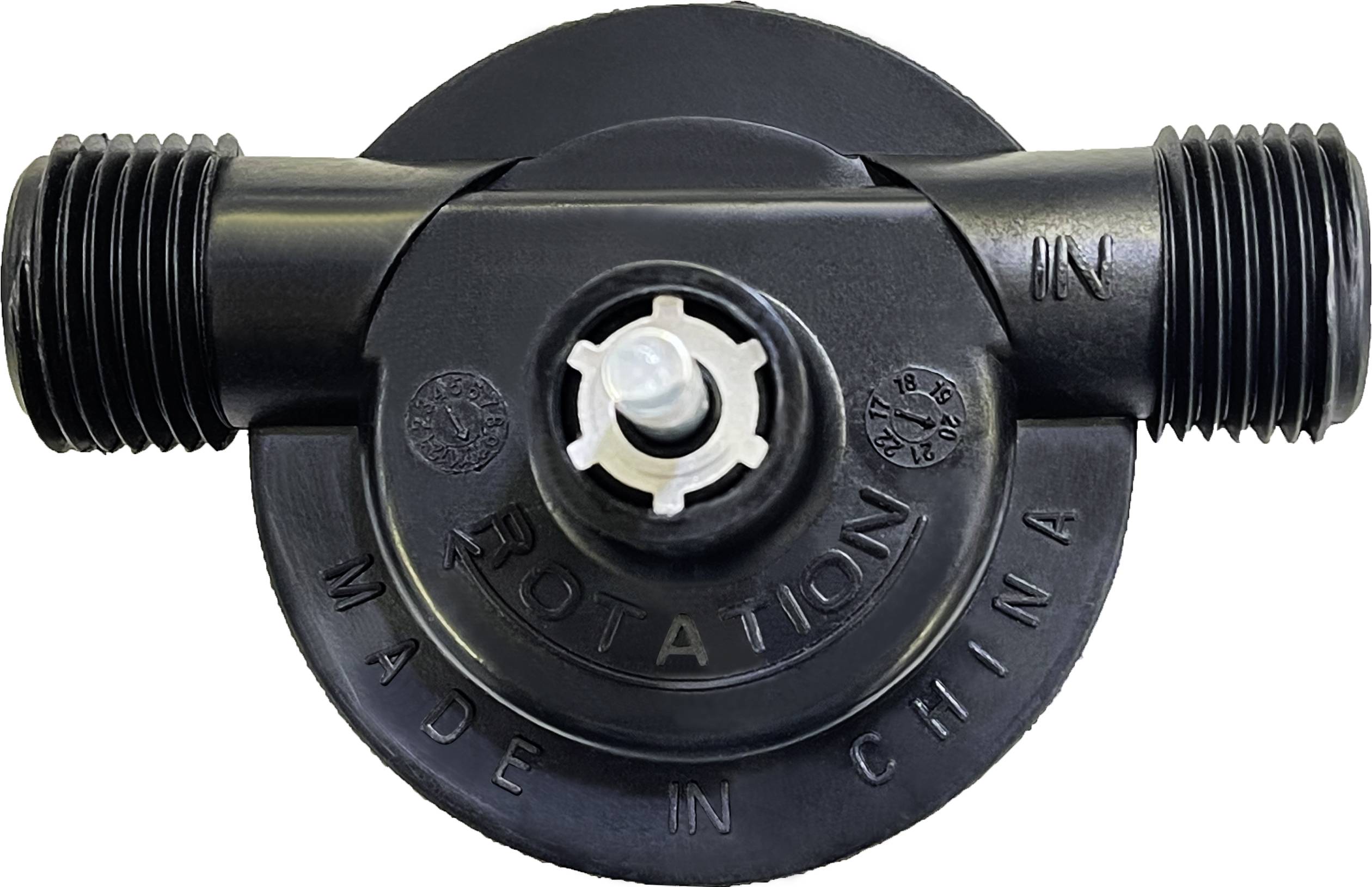 Ein schwarzes Plastikteil mit zwei seitlichen Öffnungen. Oben ist 'Rotation' und 'Made in China' eingraviert. Oben ein kleiner Drehknopf.