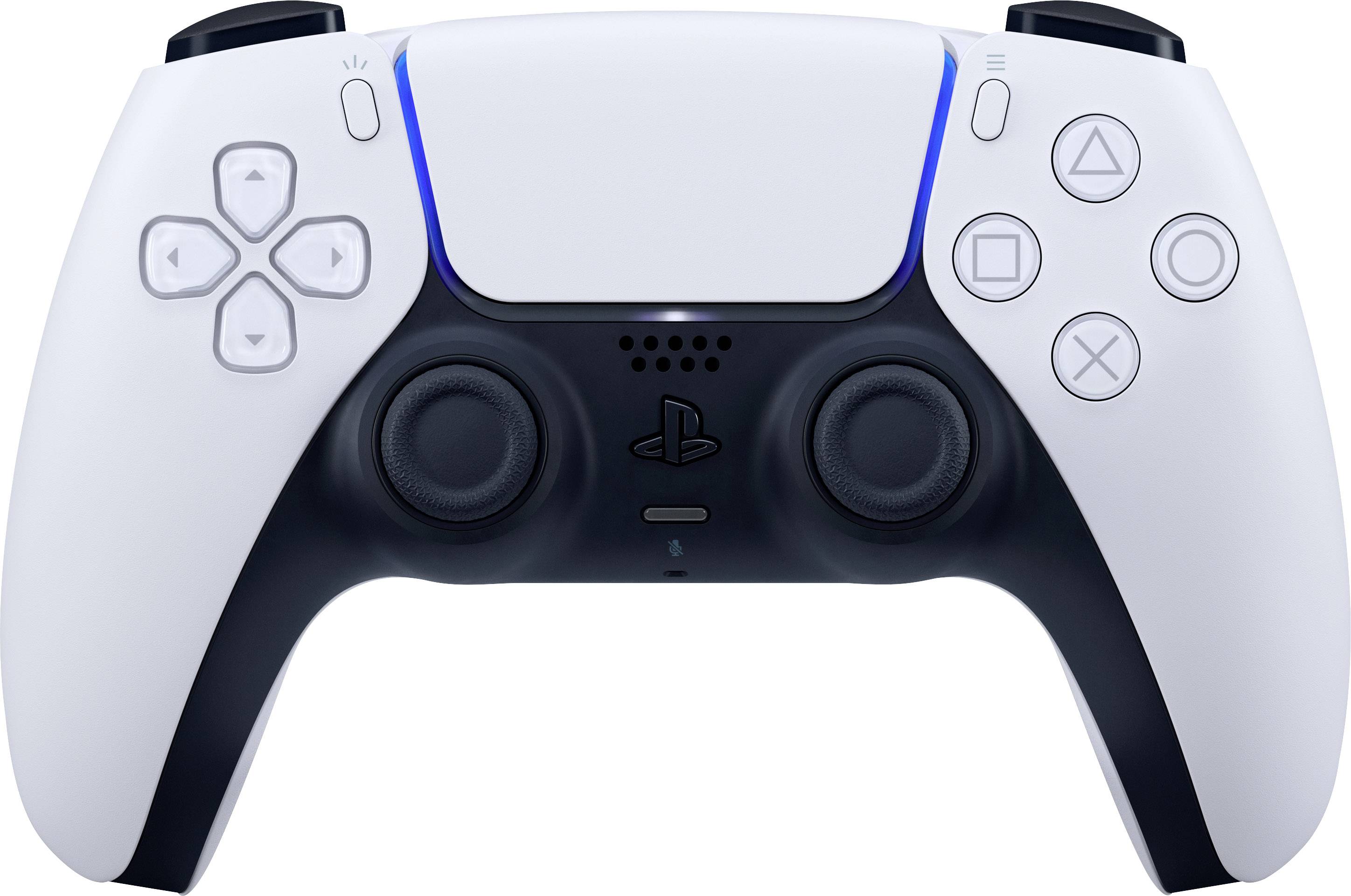Ein weißer Gaming-Controller mit schwarzen Griffen und blauen LED-Leuchten, typisches Design für moderne Videospielsysteme.