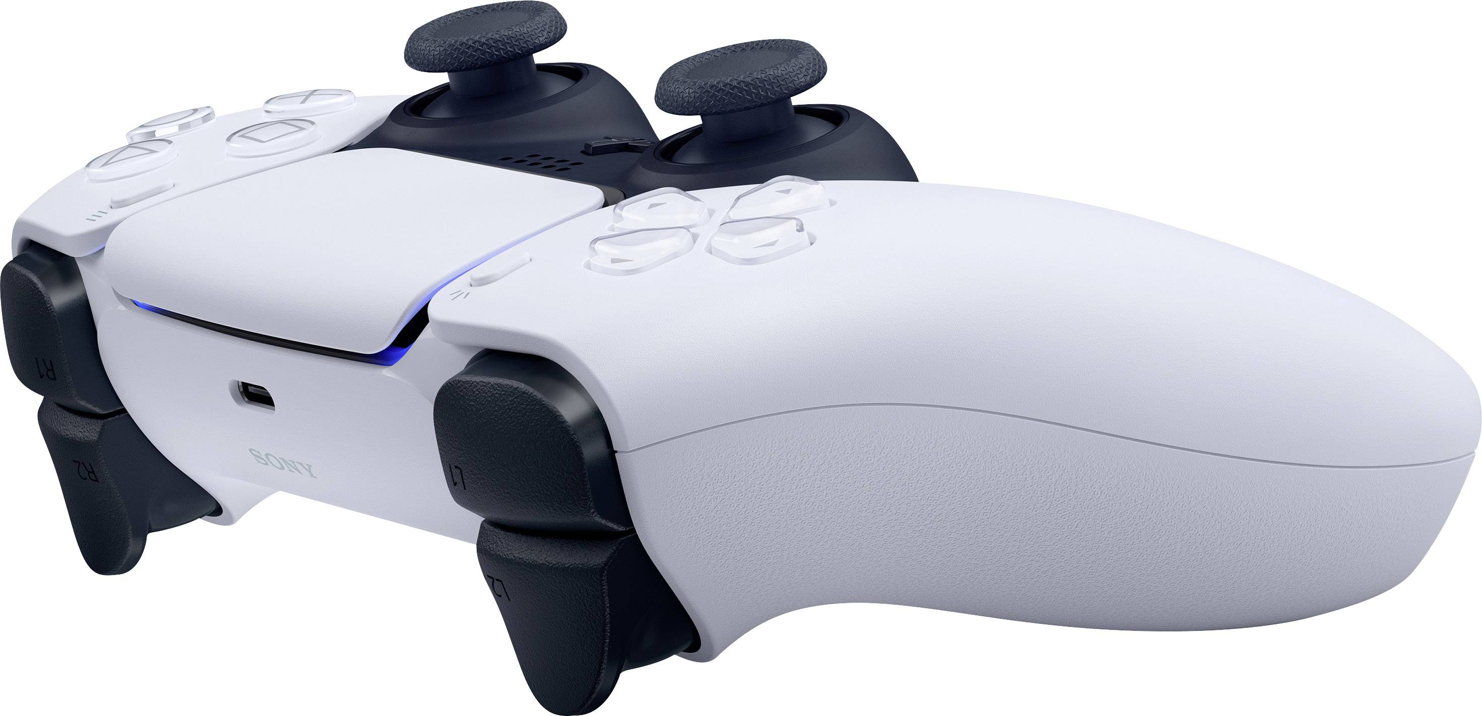 Ein weißer, kabelloser Videospielcontroller mit schwarzen Griffen und blauen LED-Leuchten auf einem weißen Hintergrund.
