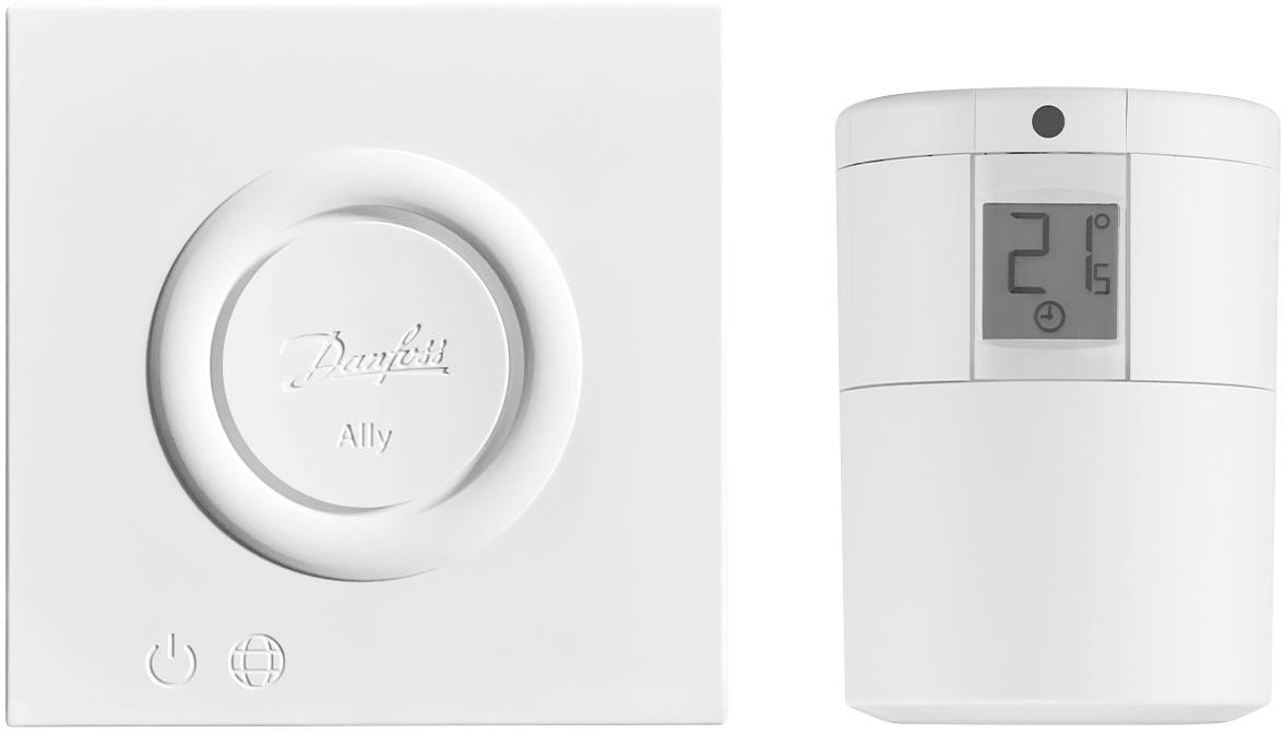 Raumthermostat mit Displayanzeige '21°C' und einer Einheit mit Steuerungsknopf; dient zur Regulierung der Raumtemperatur.