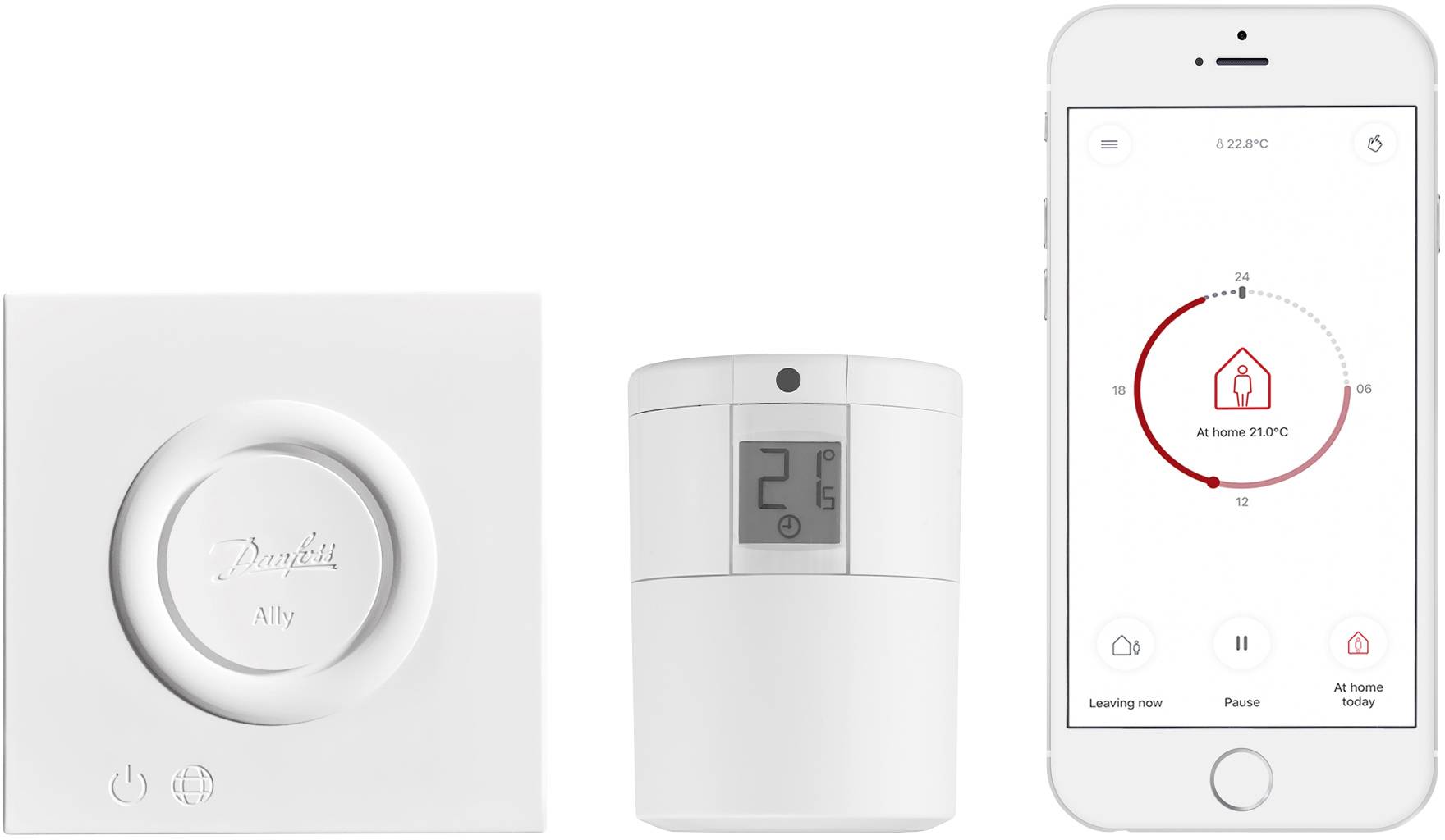 Ein Smart-Thermostat-System mit Wandsteuerung, Sensor und Smartphone-App, die Temperaturkontrolle und Energiemanagement anzeigen.
