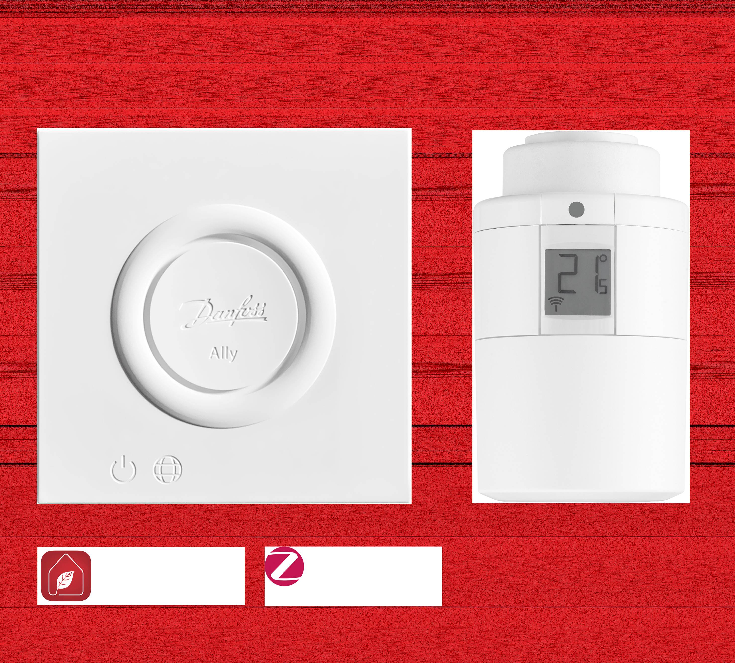Ein weißes Smart-Home-Thermostat mit Display zeigt 21 Grad an, daneben ein passendes Steuergerät. Dekoration auf rotem Hintergrund.
