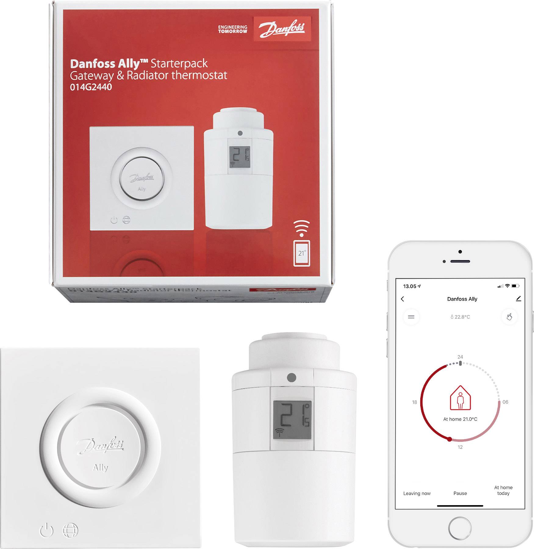 'Danfoss Ally Starterpack' zeigt ein Smart-Home-Heizsystem mit Thermostat und mobile App zur Temperatursteuerung.