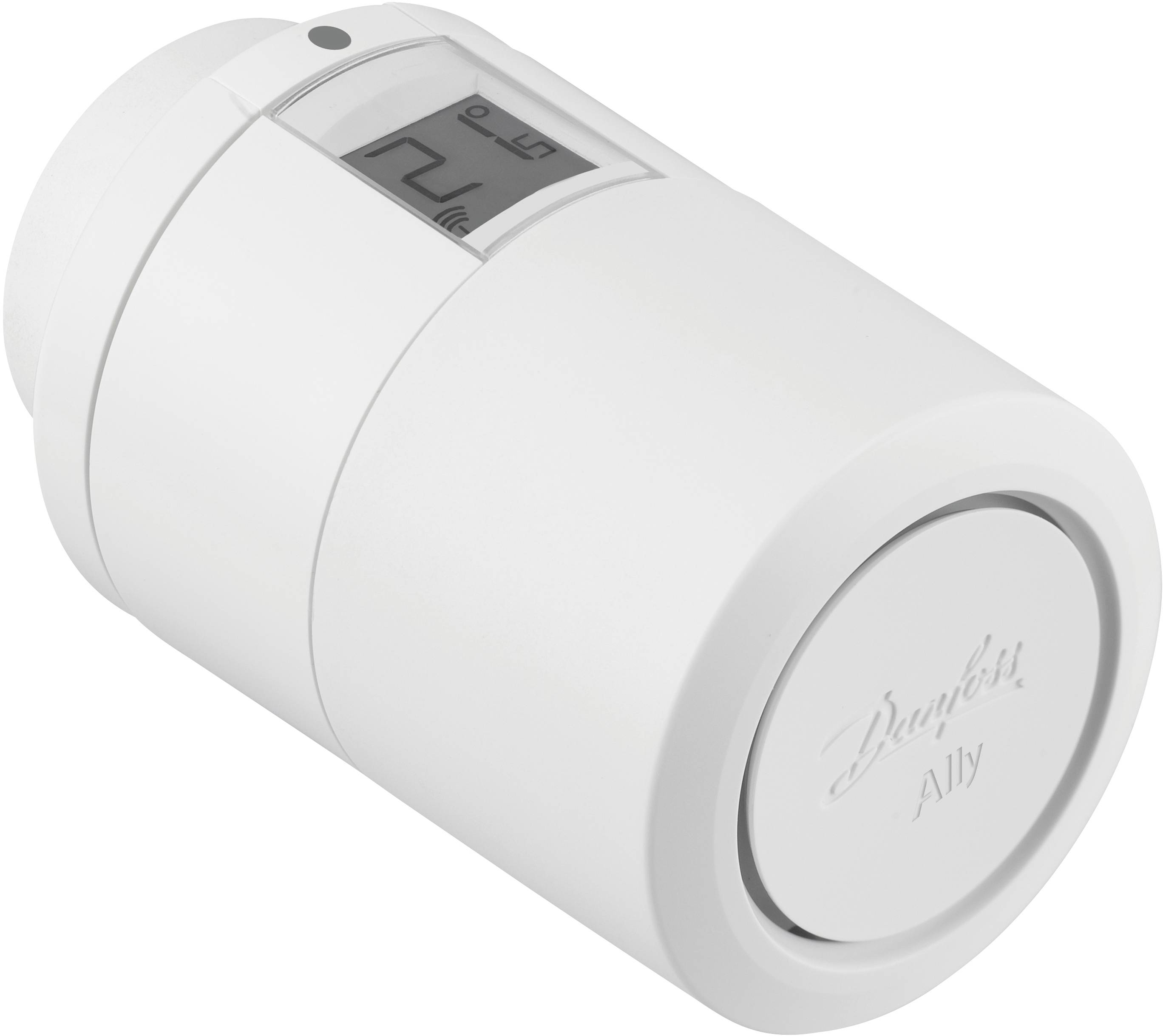 Weißer digitaler Thermostat mit kleinem Display, das eine Temperatur anzeigt. Markiert mit 'Danfoss Ally'.