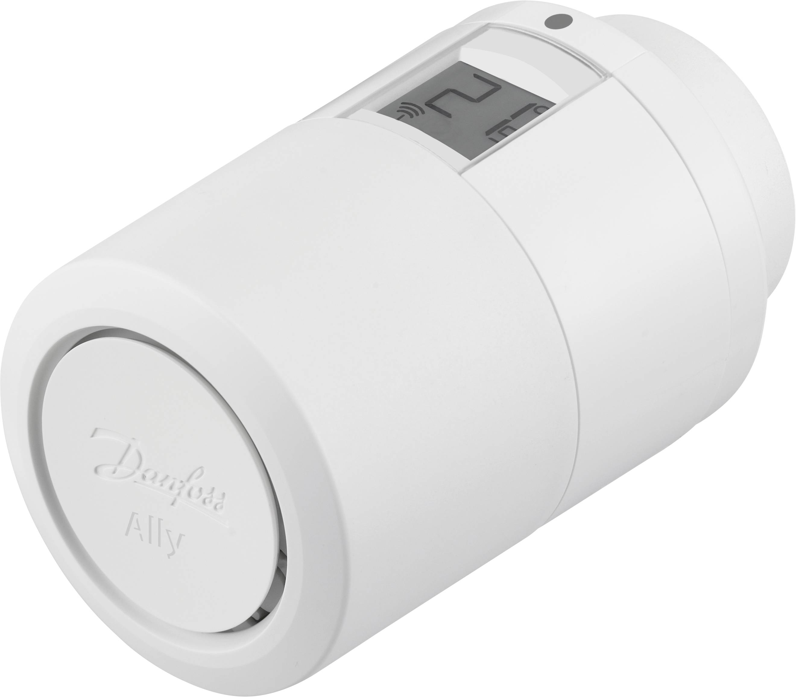 Weißes Thermostat von Danfoss mit digitalem Display. Das Display zeigt eine Temperatur von 21 Grad.