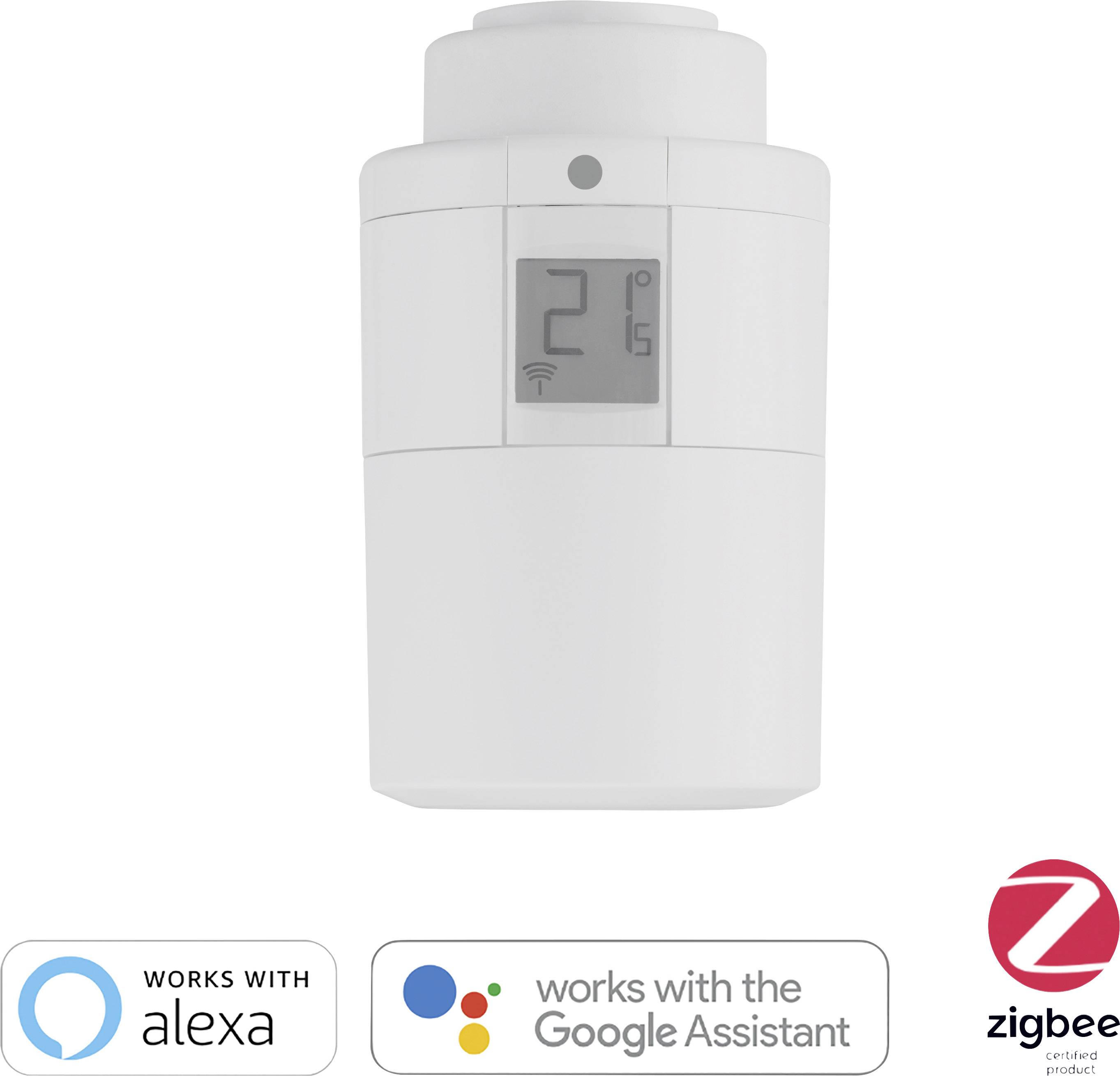 Ein weißes smartes Heizkörperthermostat mit digitalem Display zeigt 21 Grad Celsius. Kompatibel mit Alexa und Google Assistant; Zigbee zertifiziert.