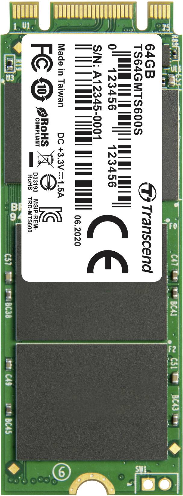 Transcend 64 GB Interne M.2 SATA SSD 2260 SATA 6 Gb/s Retail TS64GMTS600S